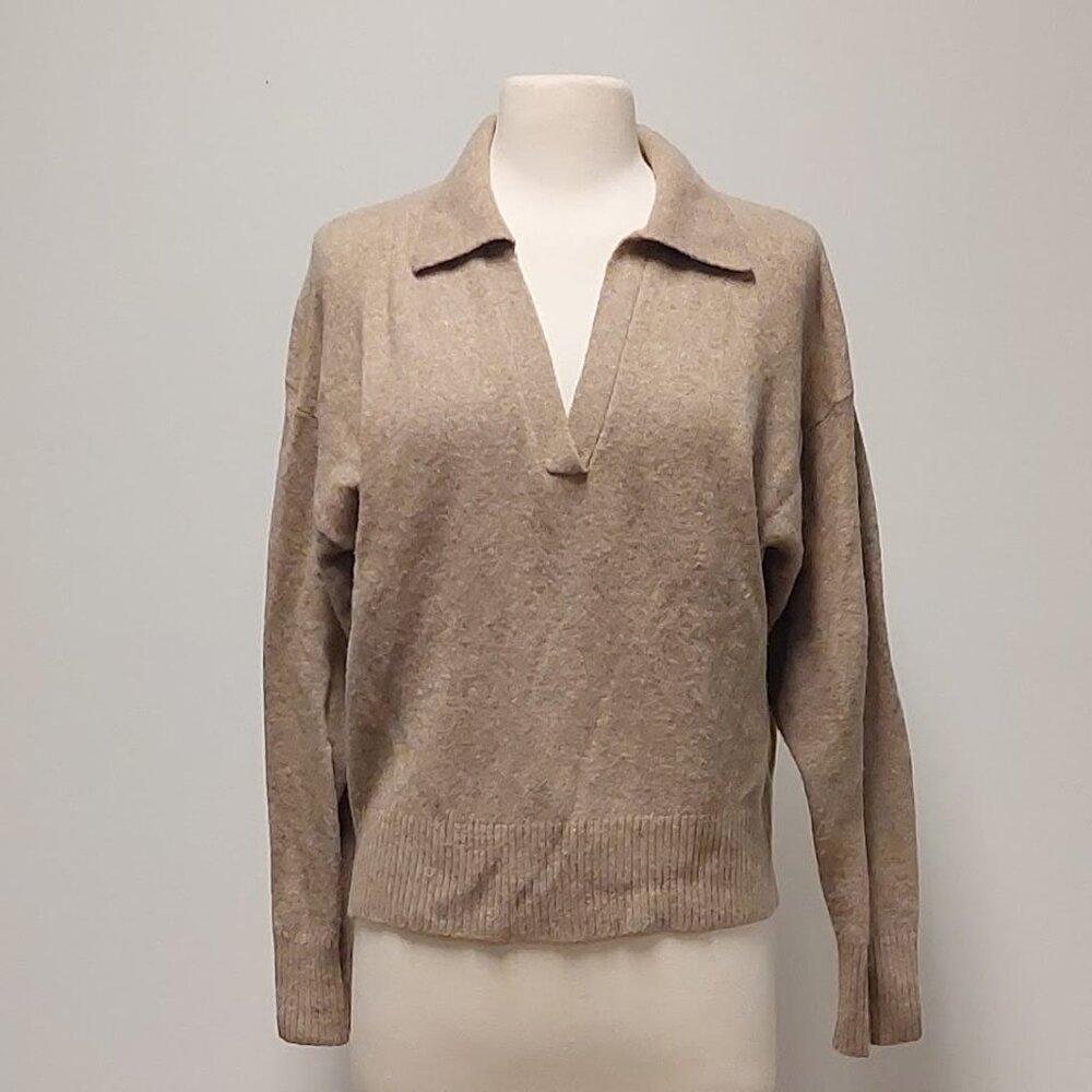 J. Crew Cappuccino Tan Wool-blend Polo Collar V-Neck Sweater Size XS/S - Picture 2 of 10